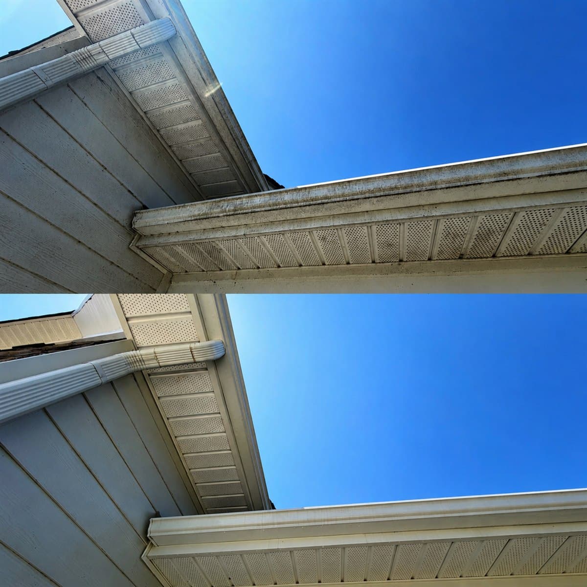 Before and after of a home's gutters and soffit — streaked with grime, then cleaned bright white