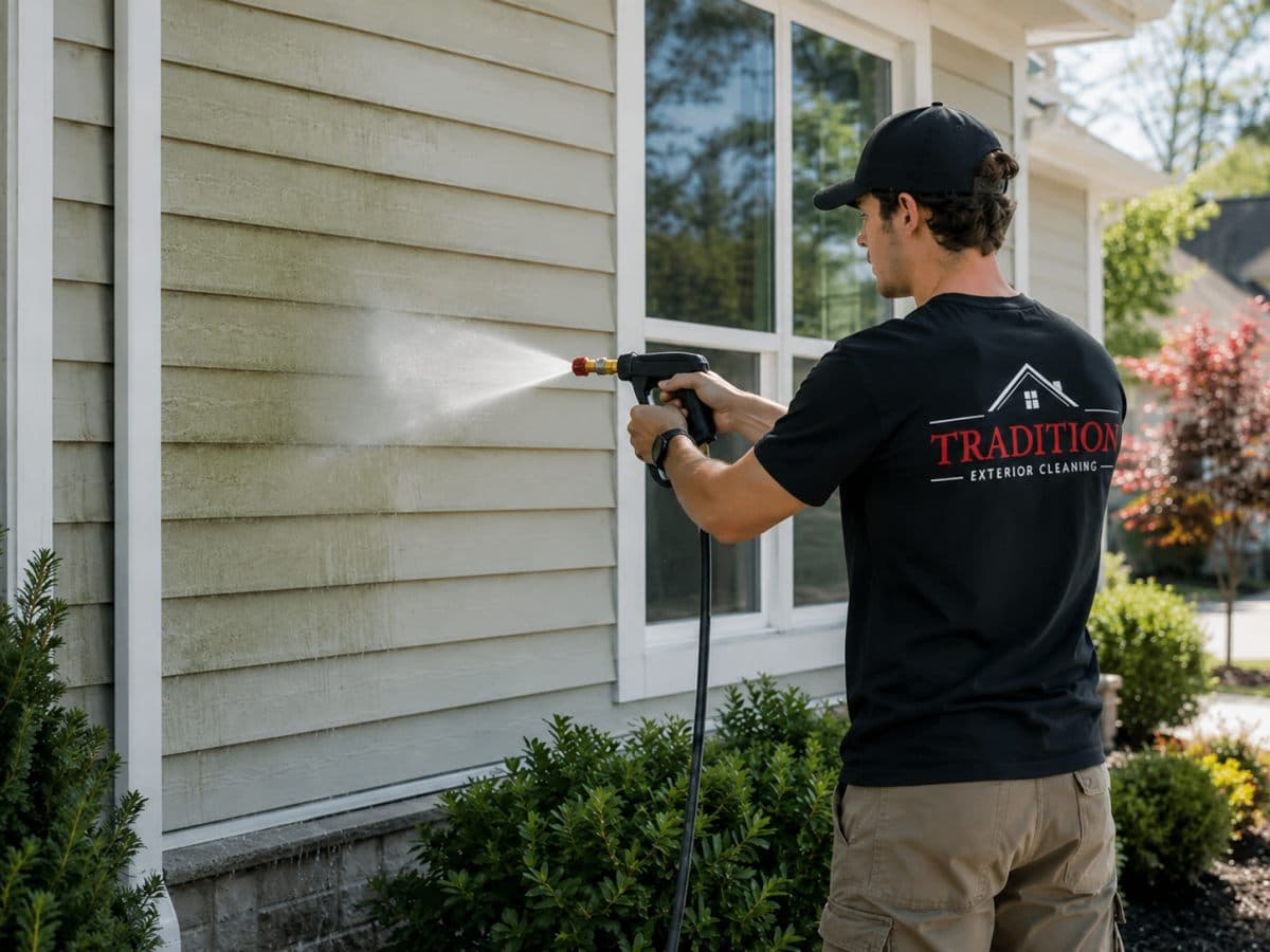 Technician soft washing the siding of a Charlotte home