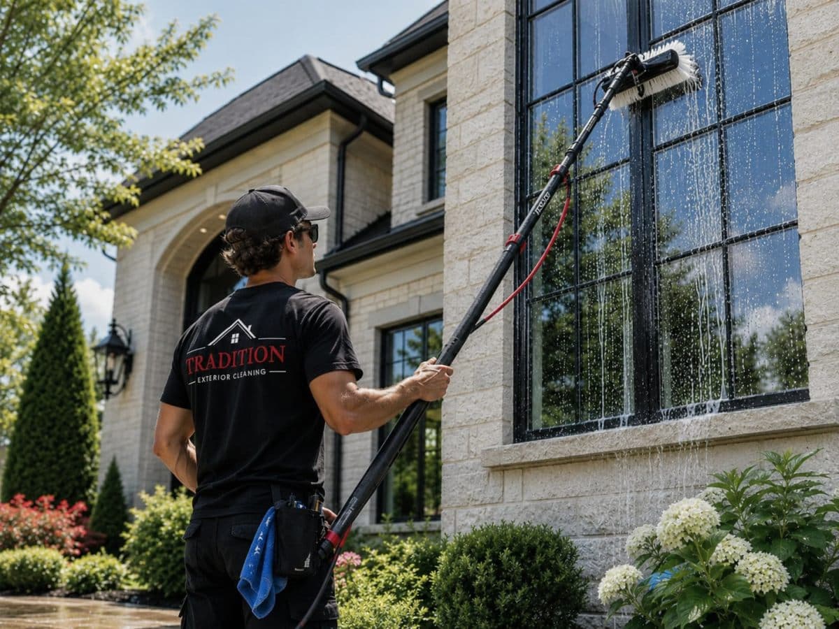 Technician cleaning second-story windows with a water-fed pole