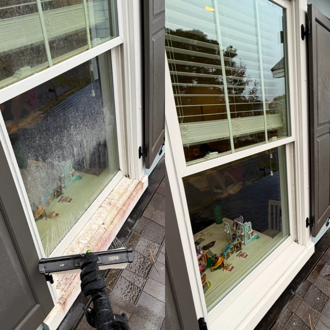 Before and after of a home window — grimy and streaked, then cleaned crystal-clear